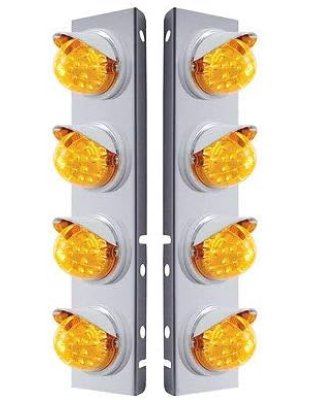 Stainless Steel Front Air Cleaner bracket with 8 Amber LED Dual function reflector lights and Visors for Peterbilt - Amber Color | Part Number: 37376