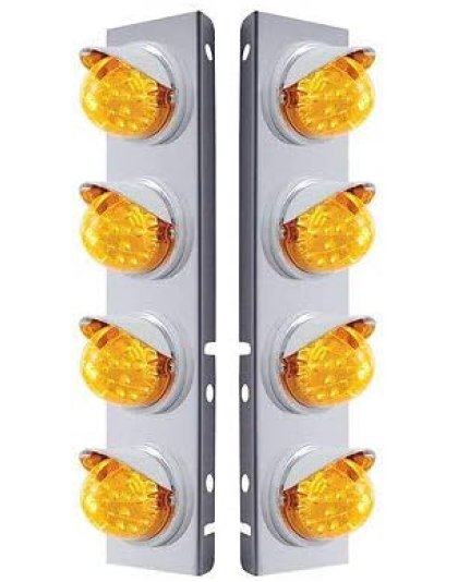 Stainless Steel Front Air Cleaner bracket with 8 Amber LED Dual function reflector lights and Visors for Peterbilt - Amber Color | Part Number: 37376